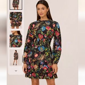 Adrianna Papell Smocked Printed Short Black Dress Size 12 Like New